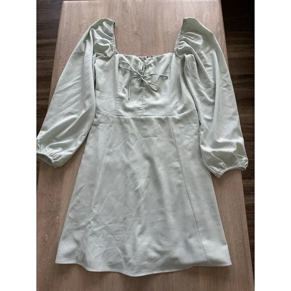 Abercrombie Long-Sleeve Lace-Up Flirty Mini Dress Mint Green Size Medium - Picture 2 of 8